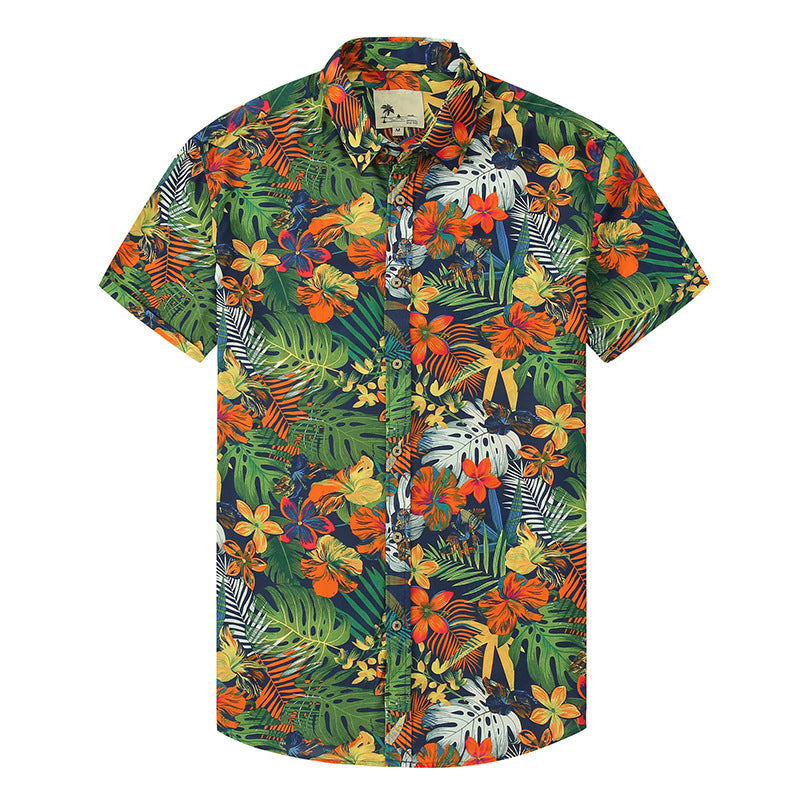 Macymars™ Fashion Hawaiian Navy Blue Flower Leaves Print Beach Men's Bowling Shirt