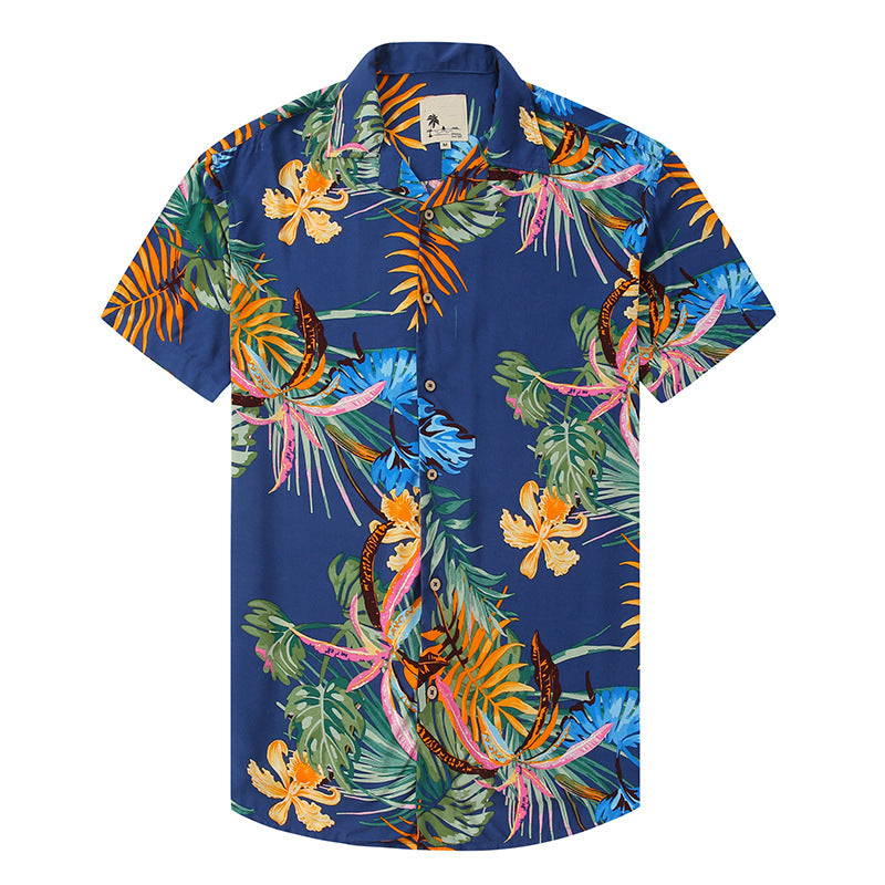 Macymars™ Fashion Hawaiian Flowers And Leaves Navy Blue Print Beach Men's Bowling Shirt