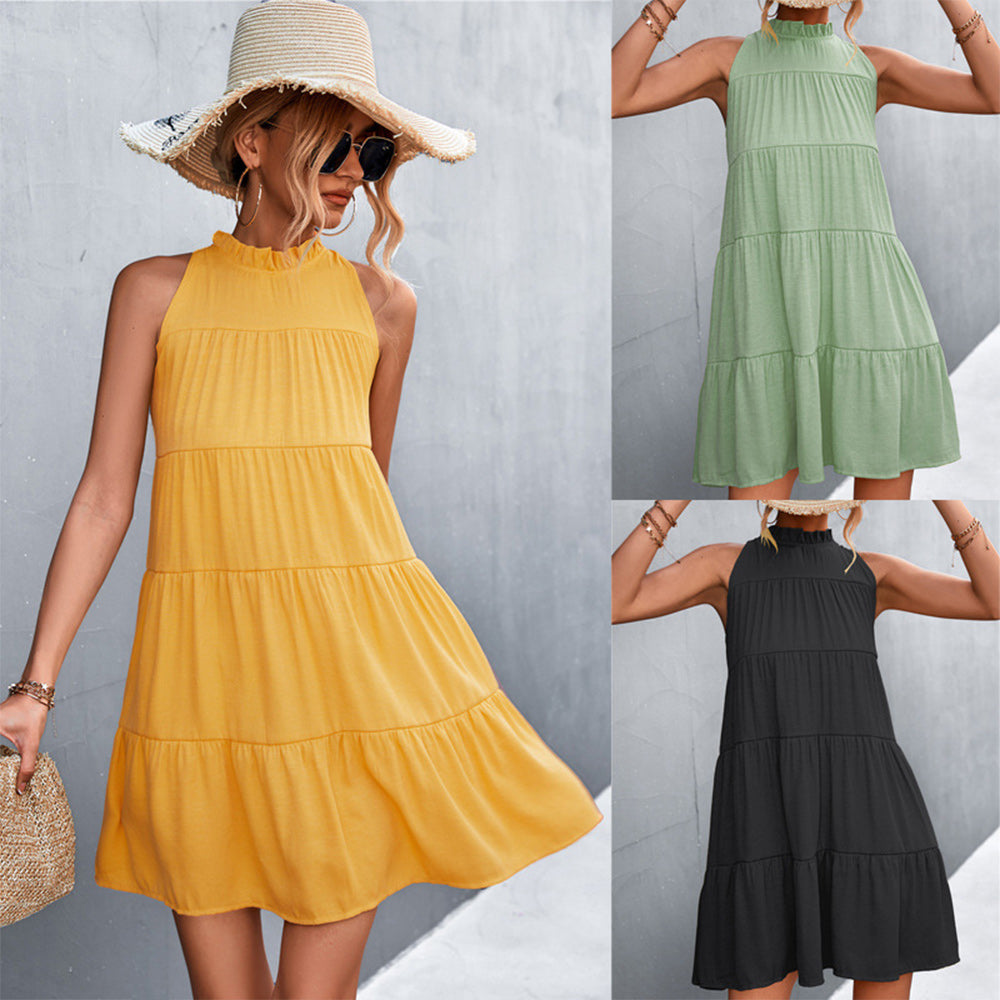 Macymars™ 2022 Women Summer Loose Halter Sleeveless Short Dress Ruffle Tiered Boho Mini Dress